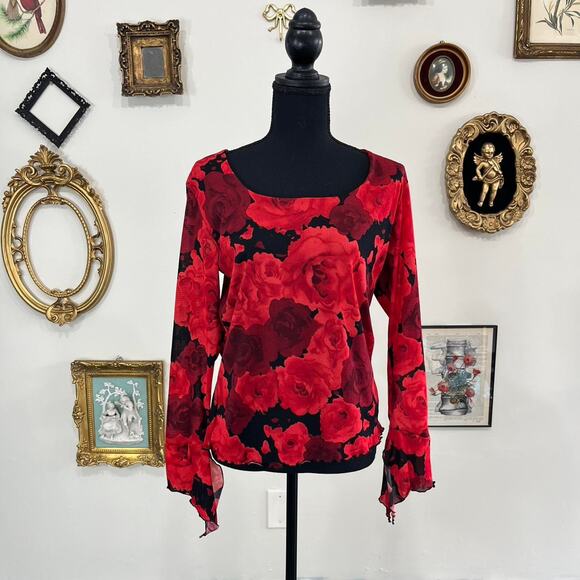 Vintage Y2K Fashion Bug Red Rose Mesh Bell Sleeve Top size L - Picture 1 of 5